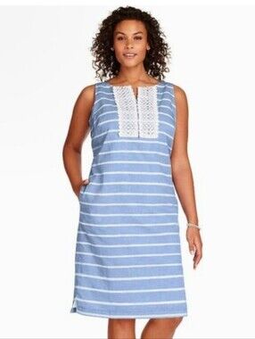 talbots blue striped linen cotton shift dress size 2 crochet lace bodice lined